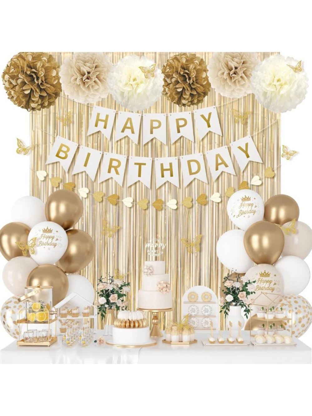 Elegant White and Gold Birthday Decorations with Butterfly Stickers for Women